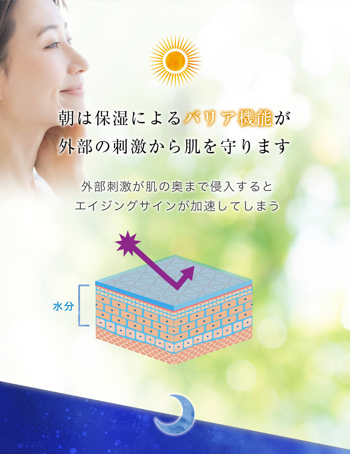 朝は保湿によるバリア機能が外部の刺激から肌を守ります